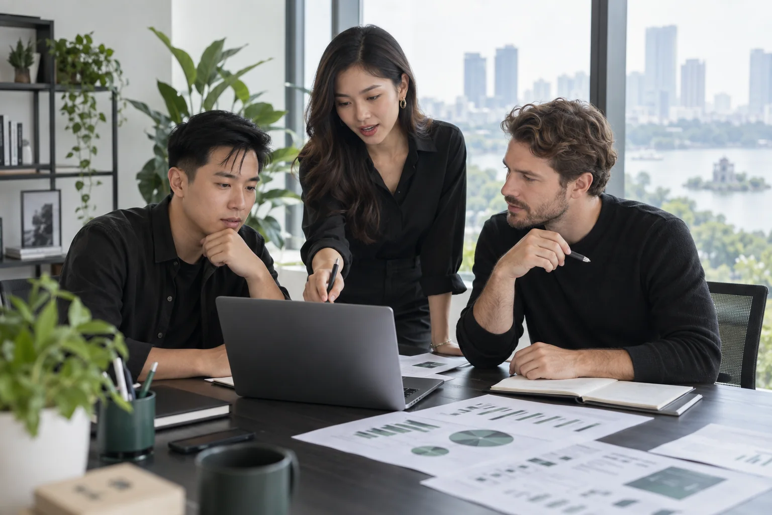 A growth operations team reviewing campaign performance around a laptop